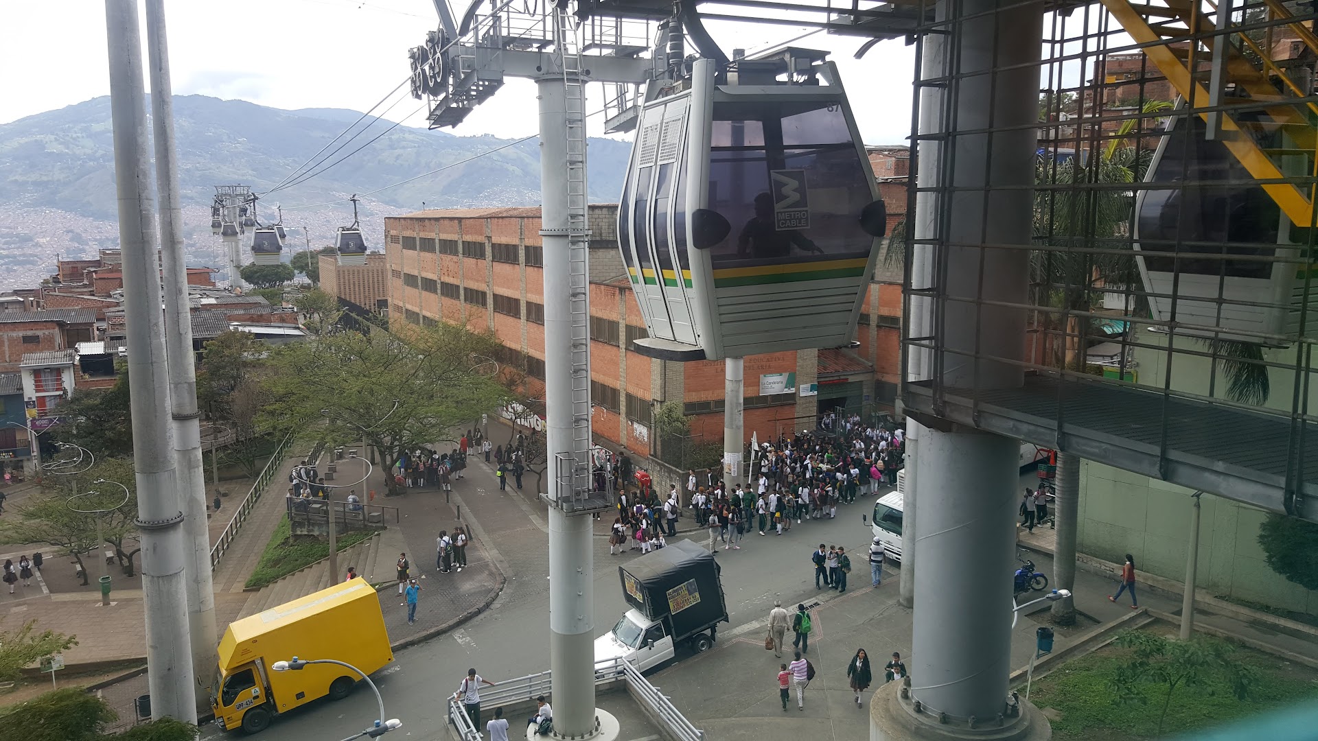 Medellín Metrocable gondola above the hillside barrios